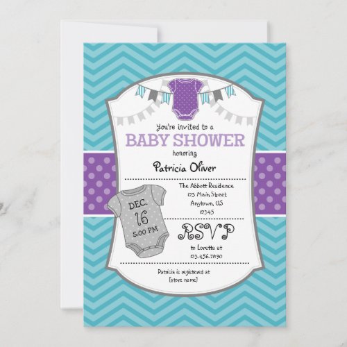 Teal Purple Gray Chevron Baby Shower Invitation