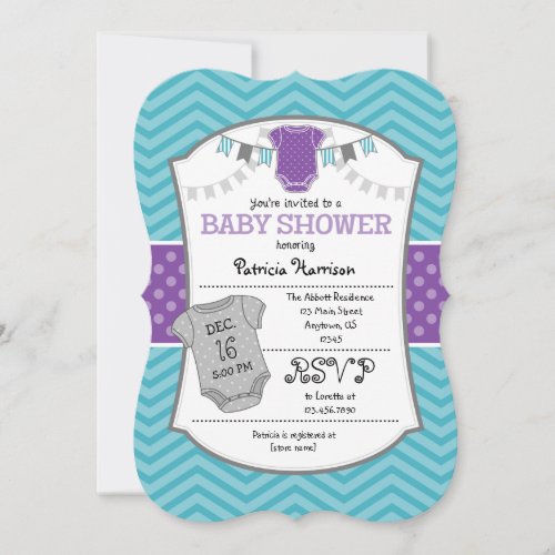 Teal Purple Gray Chevron Baby Shower Invitation