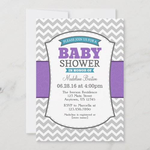 Teal Purple Gray Chevron Baby Shower Invitation