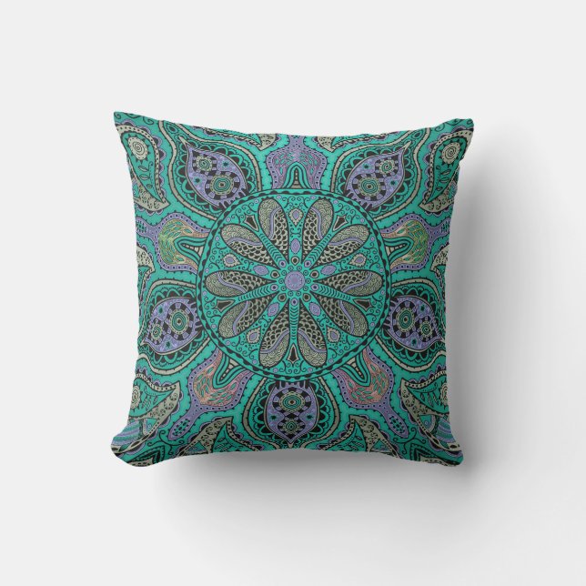 Teal Purple Green Mandala Outdoor Pillow (Front)