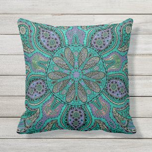 Teal Purple Green Mandala Outdoor Pillow