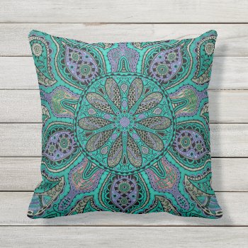Teal Purple Green Mandala Outdoor Pillow by BecometheChange at Zazzle