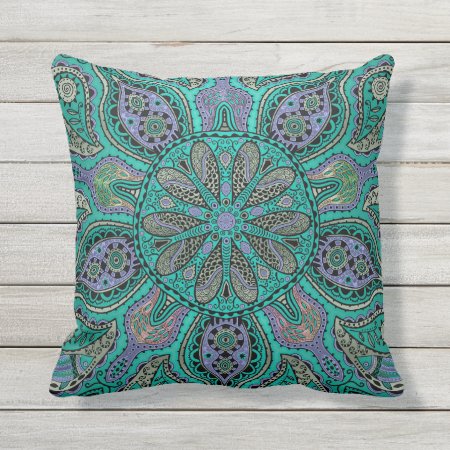 Teal Purple Green Mandala Outdoor Pillow