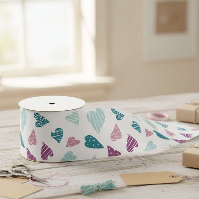 Teal & Purple Heart Pattern Modern Valentine Satin Ribbon (Creator Uploaded)