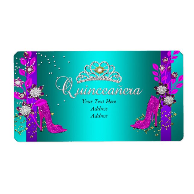 Teal Purple Hot Pink Gold Quinceanera Label (Front)