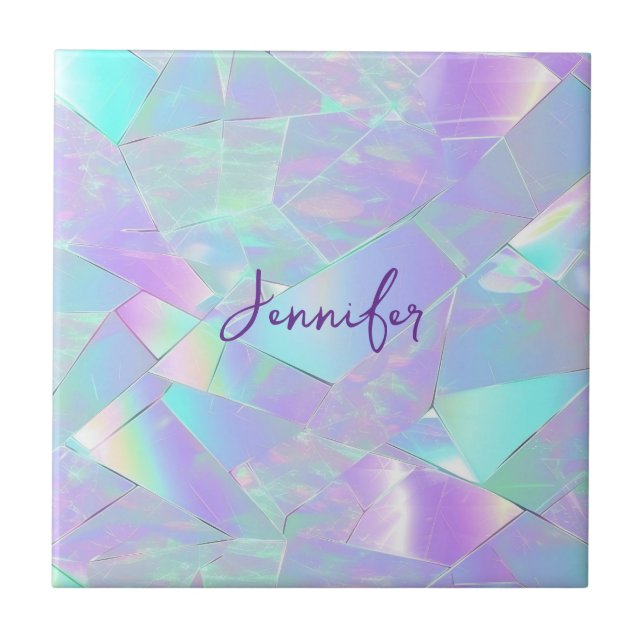 Teal & Purple Iridescent Design, Script Name Ceramic Tile (Front)