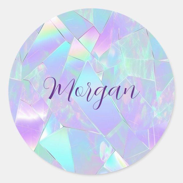 Teal & Purple Iridescent Design, Script Name Classic Round Sticker (Front)
