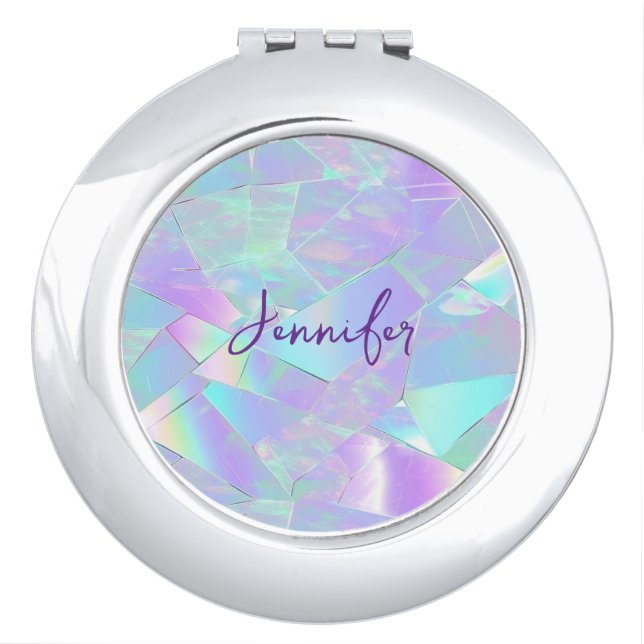 Teal & Purple Iridescent Design, Script Name Compact Mirror (Front)