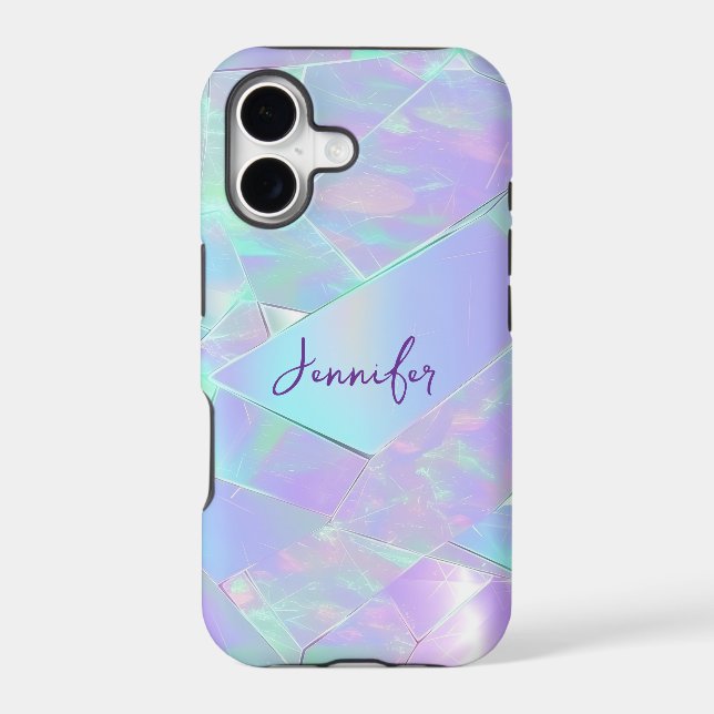 Teal & Purple Iridescent Design, Script Name iPhone Case (Back)