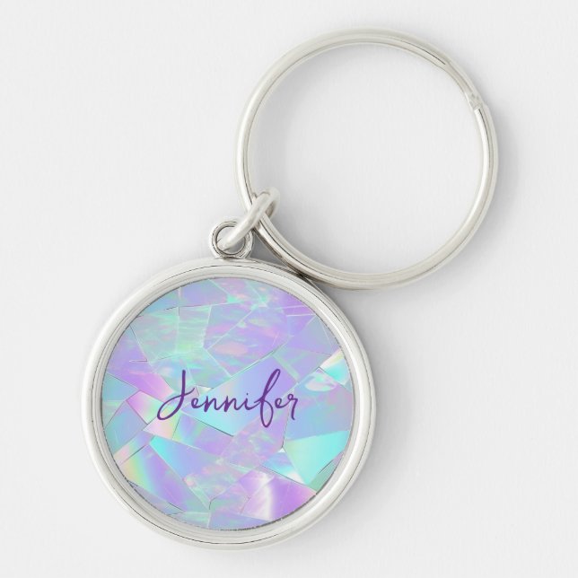 Teal & Purple Iridescent Design, Script Name Keychain (Front)