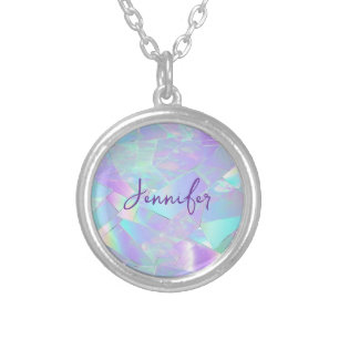 Teal & Purple Iridescent Design, Script Name Silver Plated Necklace