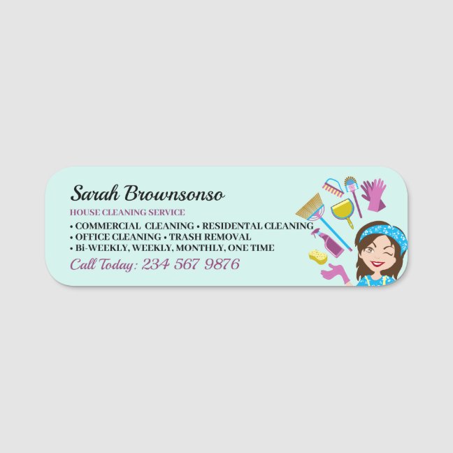 Teal Purple Janitorial | Cartoon Cleaning Staff Name Tag