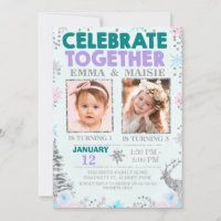 Teal Purple Joint or Twins Winter Themed Birthday Invitation