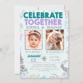 Teal Purple Joint Or Twins Winter Themed Birthday Invitation by Sugar_Puff_Kids at Zazzle