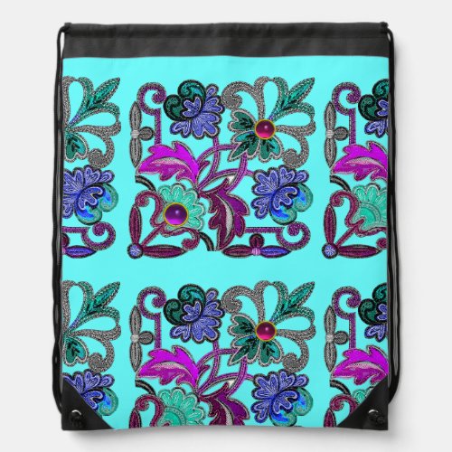 TEAL PURPLE LACE FLOWERS AND COLORFUL GEM STONES  DRAWSTRING BAG