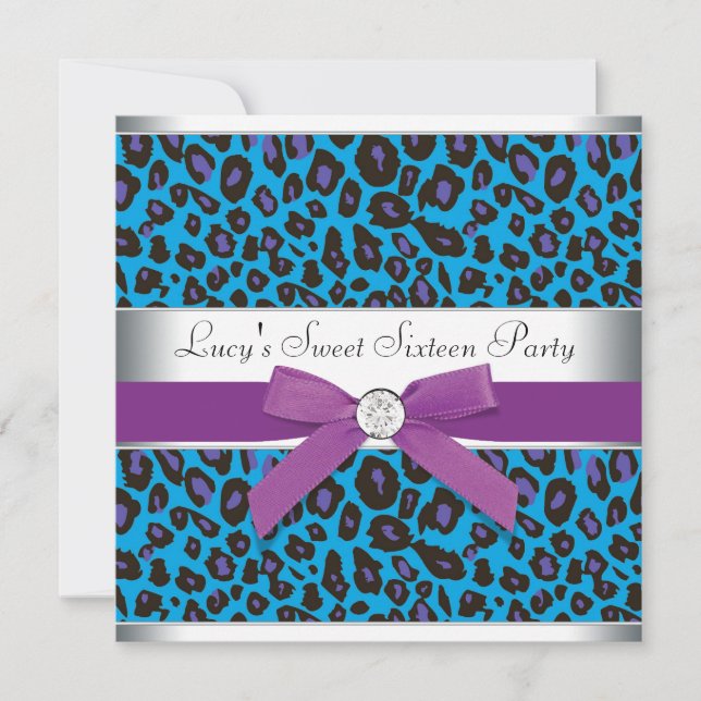 Teal Purple Leopard Sweet 16 Party Invitation (Front)