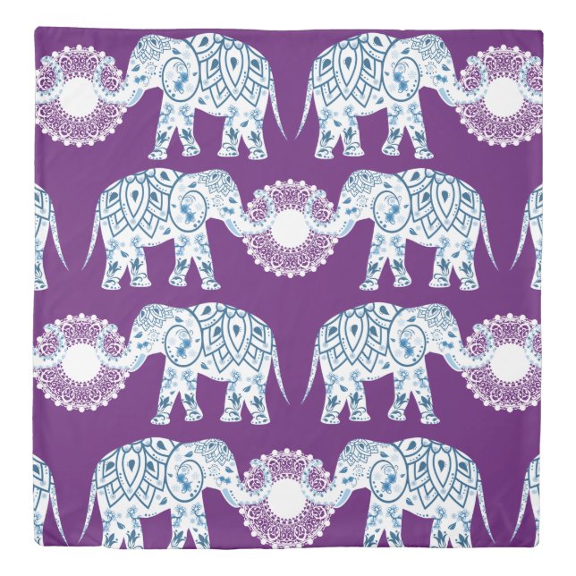 Teal & Purple Mandala Lotus Indian Elephants Duvet Cover (Front)