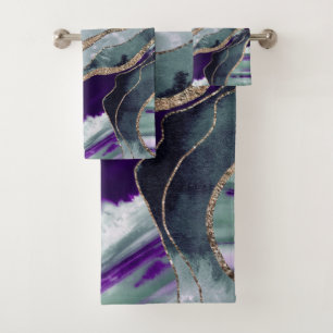 Teal Purple Marble Agate Gold Glitter Glam #1 Bath Towel Set
