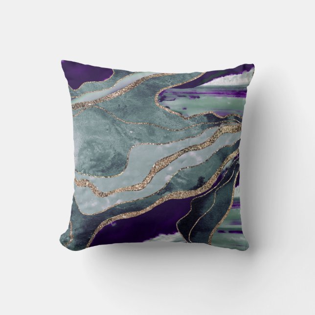 Teal Purple Marble Agate Gold Glitter Glam #1 (Fau Throw Pillow (Front)