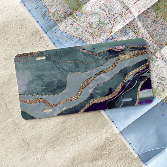 Teal Purple Marble Agate Gold Glitter Glam #1  License Plate (In Situ)