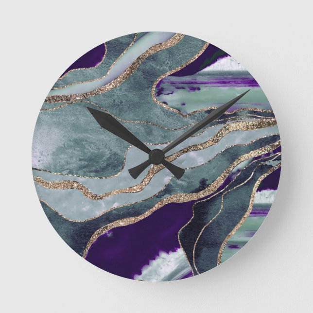 Teal Purple Marble Agate Gold Glitter Glam #1  Round Clock (Front)