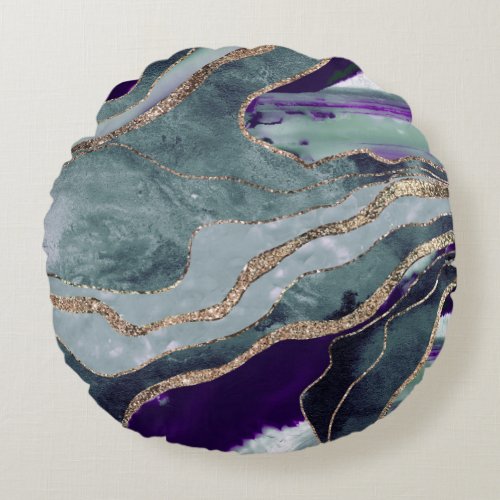 Teal Purple Marble Agate Gold Glitter Glam 1  Round Pillow