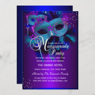 Teal & Purple Masks Masquerade Party Invite