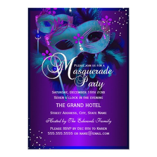 Teal & Purple Masks Masquerade Party Invite | Zazzle