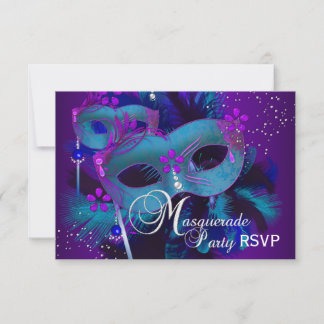 Teal & Purple Masks Masquerade Party RSVP Invitation