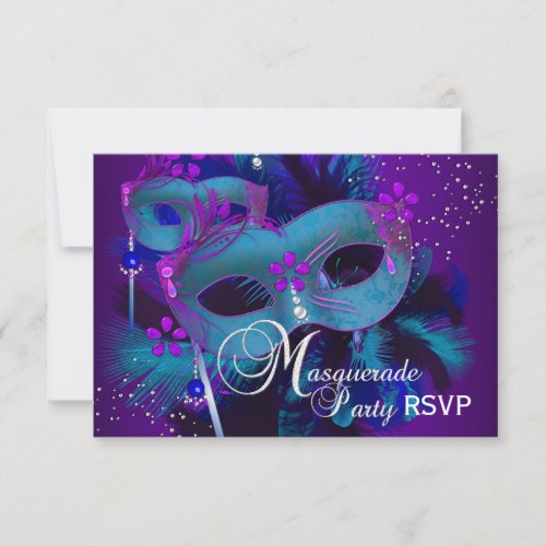 Teal  Purple Masks Masquerade Party RSVP Invitation