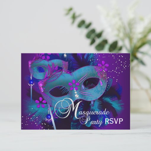 Teal And Purple Masks Masquerade Party Rsvp Invitation Zazzle