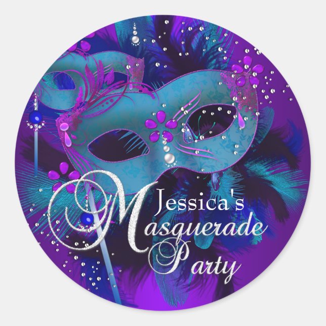 Teal & Purple Masks Masquerade Party Sticker (Front)