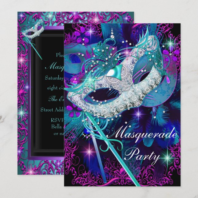 Teal & Purple Masquerade Ball Party Invitation (Front/Back)