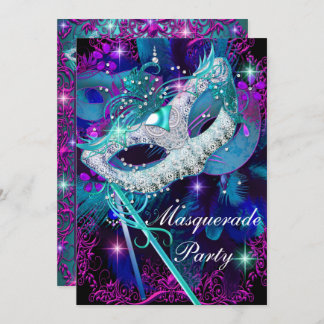 Teal & Purple Masquerade Ball Party Invitation