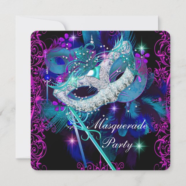 Teal & Purple Masquerade Ball Party Invitation (Front)
