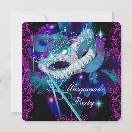 Teal  Purple Masquerade Ball Party Invitation