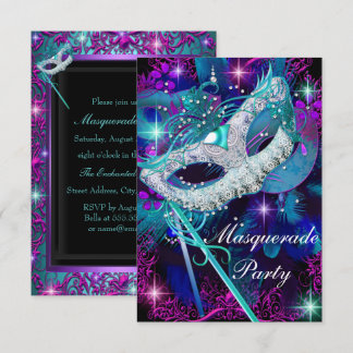 Teal & Purple Masquerade Ball Party Invitation Sml