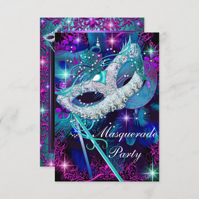 Teal & Purple Masquerade Ball Party Invitation Sml (Front/Back)
