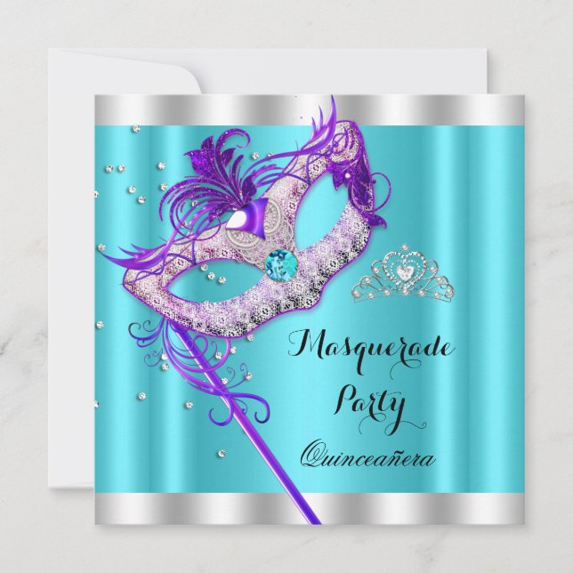 Teal Purple Masquerade Quinceanera Party Mask Invitation (Front)