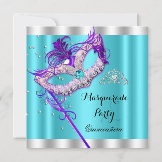 Teal Purple Masquerade Quinceanera Party Mask Invitation