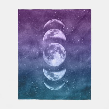 Teal Purple Moon Phases Celestial Pattern Fleece Blanket