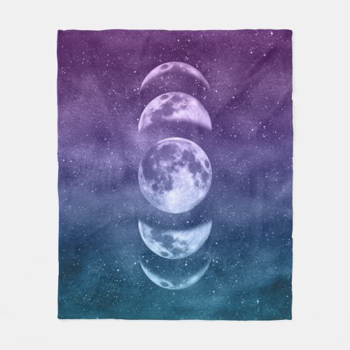 Teal Purple Moon Phases Celestial Pattern Fleece Blanket