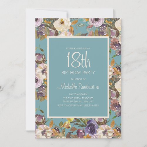 Teal Purple Mustard Ivory Floral 18th Birthday Invitation