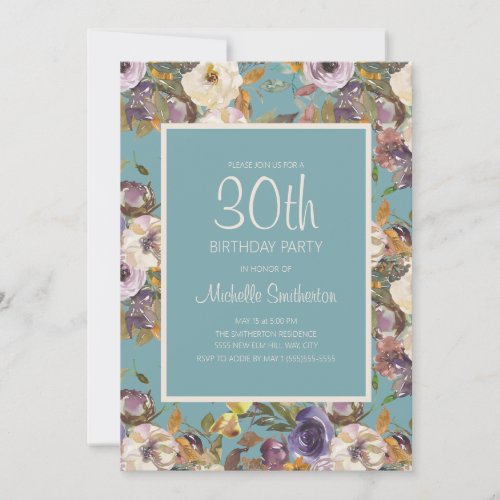 Teal Purple Mustard Ivory Floral 30th Birthday Invitation