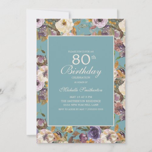 Teal Purple Mustard Ivory Floral 80th Birthday Invitation