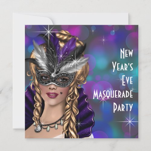 Teal Purple New Years Eve Masquerade Party Invitation