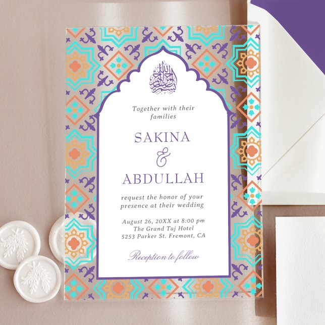 Teal Purple Persian Mosaic Muslim Wedding Acrylic Invitations (Creator Uploaded)
