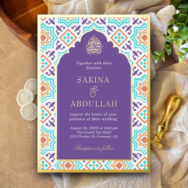 Teal Purple Persian Mosaic Muslim Wedding Gold Foil Invitation (Creator Uploaded)
