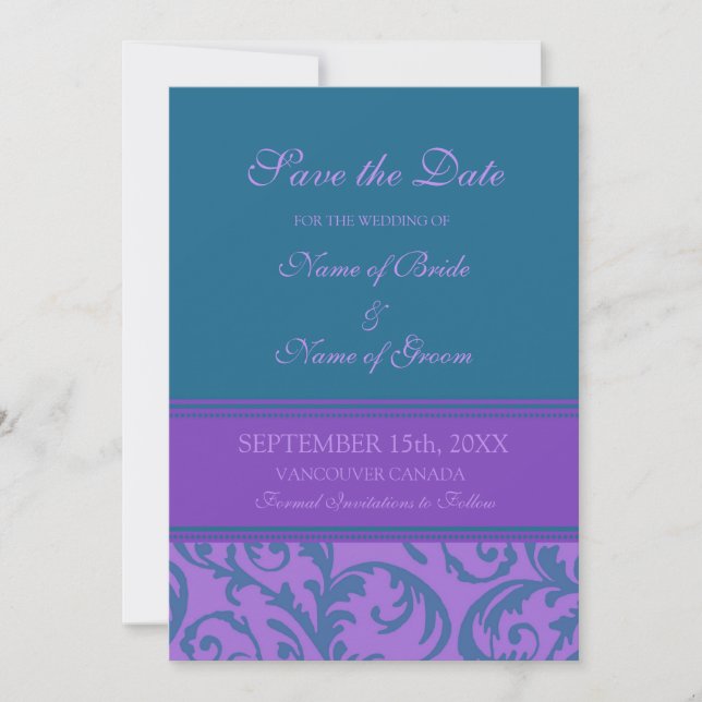 Teal Purple Photo Wedding Save the Date Card (Front)