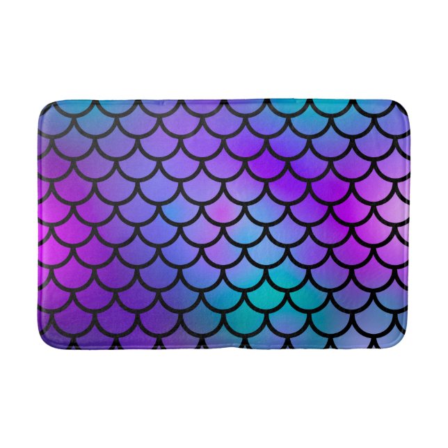 Teal Purple Pink Blue Mermaid Scales Fantasy Fish Bath Mat (Front)